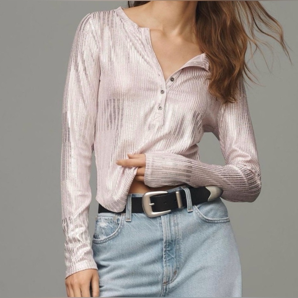Anthropologie Pilcro Andie Shimmer Henley Ribbed Metallic Pink Top Size M